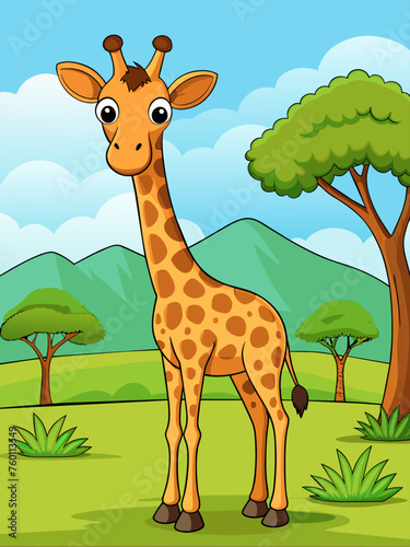 A majestic giraffe stands tall against a vast African landscape, its long neck reaching towards the golden sky.