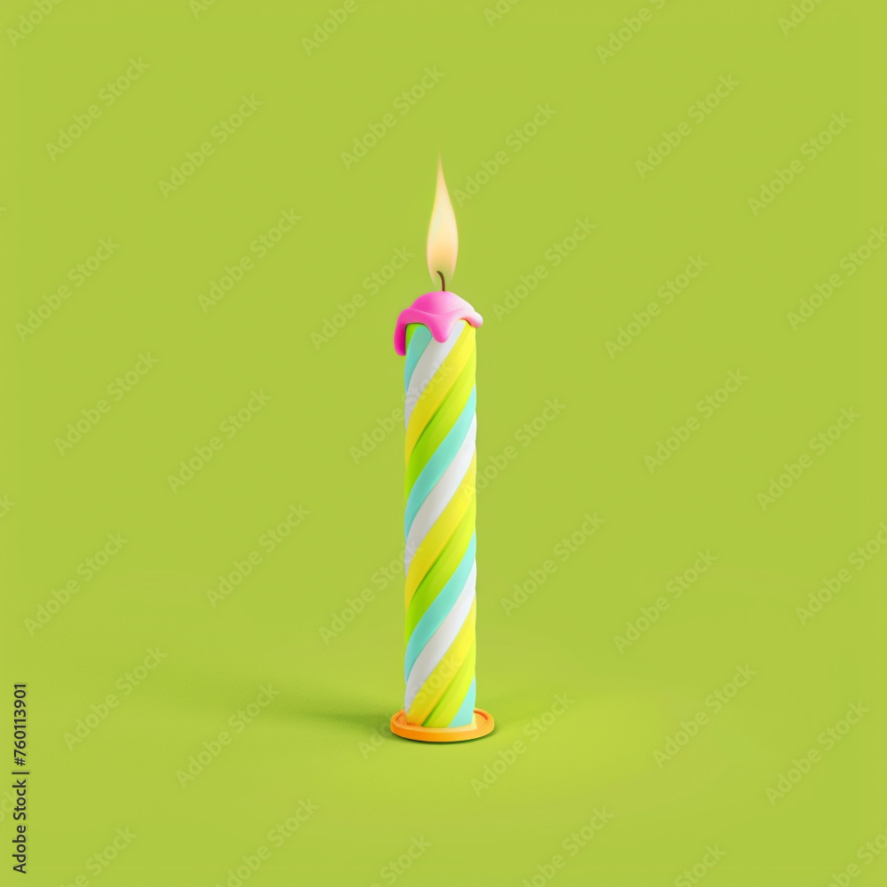 birthday candle, A cute and minimalistic design in a style of 3d cartoon, bright lime green background birthday candle, A cute and minimalistic design in a style of 3d cartoon, bright lime green background