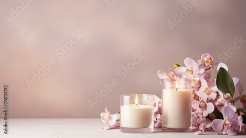 An incredible atmosphere, orchid and aromatic candles on a gentle background of pastel colors
