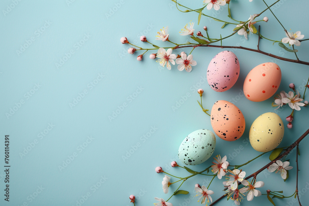 easter background with painted eggs on pastel background, copy space for text