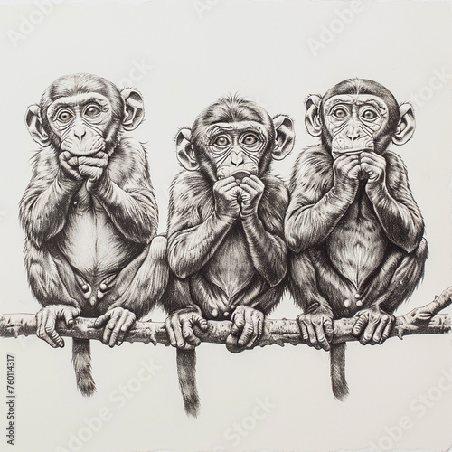 pencil caricature of the 3 monkeys
