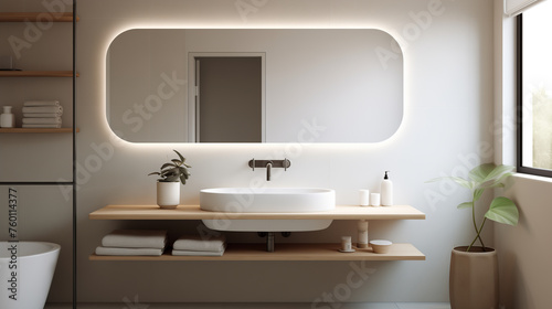 Sleek Bathroom Interior with Backlit Mirror and Minimalist Wooden Design
