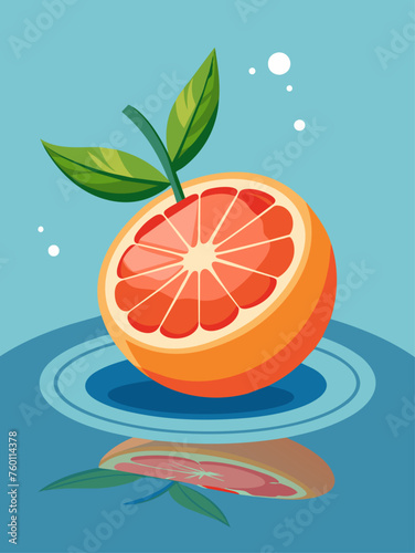 A sliced grapefruit floating in a glass of water on a white background.