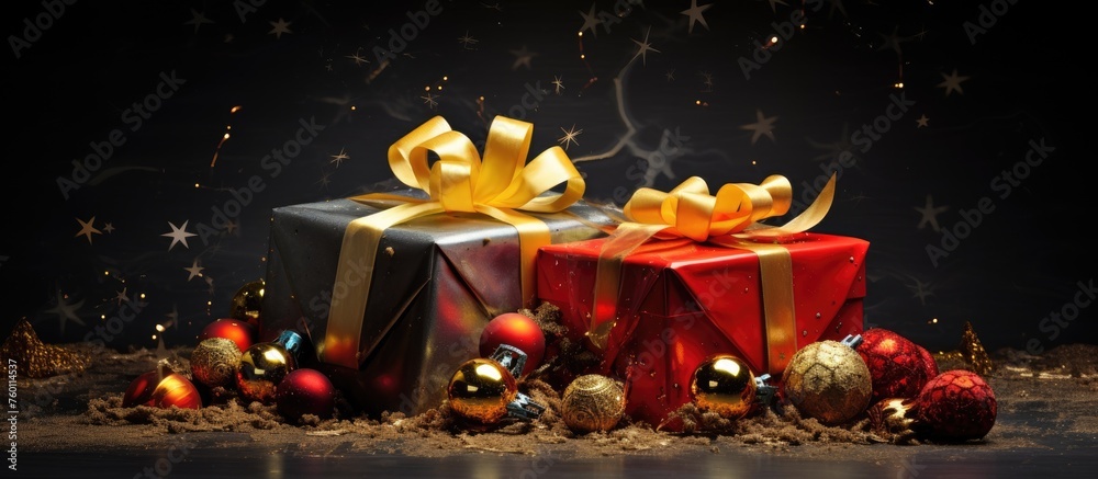 A festive display of Christmas presents, decorations, and tableware on a beautifully set table, creating a lively and artistic scene for a holiday event A festive display of Christmas presents, decorations, and tableware on a beautifully set table, creating a lively and artistic scene for a holiday event