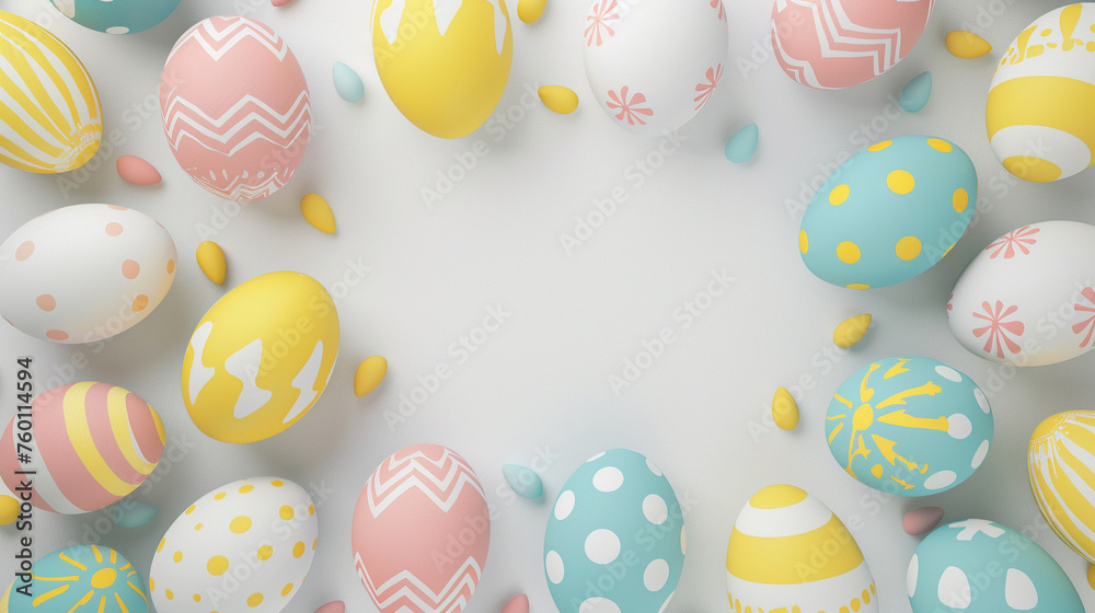 Beautiful easter eggs are making a rectangle, flat lay, 3D, white background Beautiful easter eggs are making a rectangle, flat lay, 3D, white background
