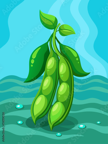 Green beans photographed on a light blue background with droplets of water.