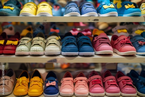 Assorted children tennis shoes for sale at a department store shoes section