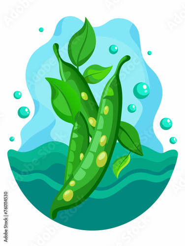 Green beans photographed on a light blue background with droplets of water.