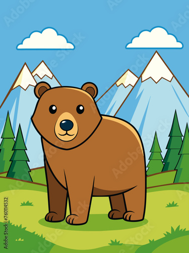 A majestic grizzly bear stands amidst a towering mountain range and lush vegetation, creating an awe-inspiring natural panorama.