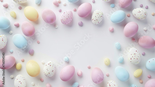 Beautiful easter eggs are making a rectangle, flat lay, 3D, white background, copy space in the middle, HD
