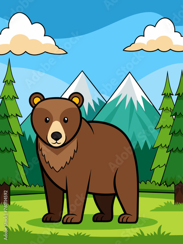 A majestic grizzly bear roams a rugged mountain landscape under a clear blue sky.
