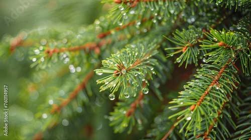 Close-up of a spruce branch with drops after rain. Natural background. The concept of awakening and purity of nature