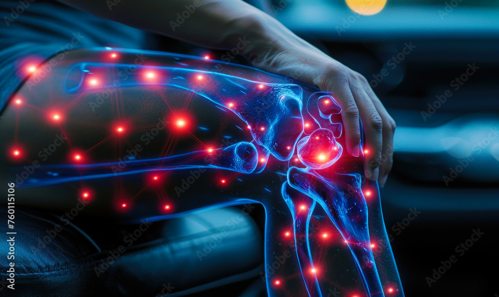 Medical visualization of a human knee joint glowing with heat to ...