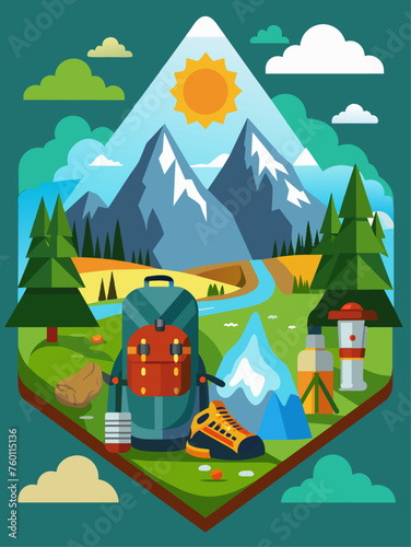 A scenic vector landscape with a winding trail leading through towering trees, lush meadows, and rugged mountains under a clear blue sky.