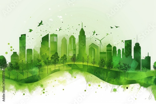 Green city illustration showcasing a harmonious blend of urban architecture and lush greenery. This image represents a sustainable future where cities and nature coexist in balance. #760115176
