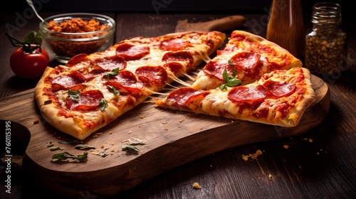 A delectable spread of sliced pepperoni pizza, with extra toppings and seasonings on a traditional wooden cutting board photo