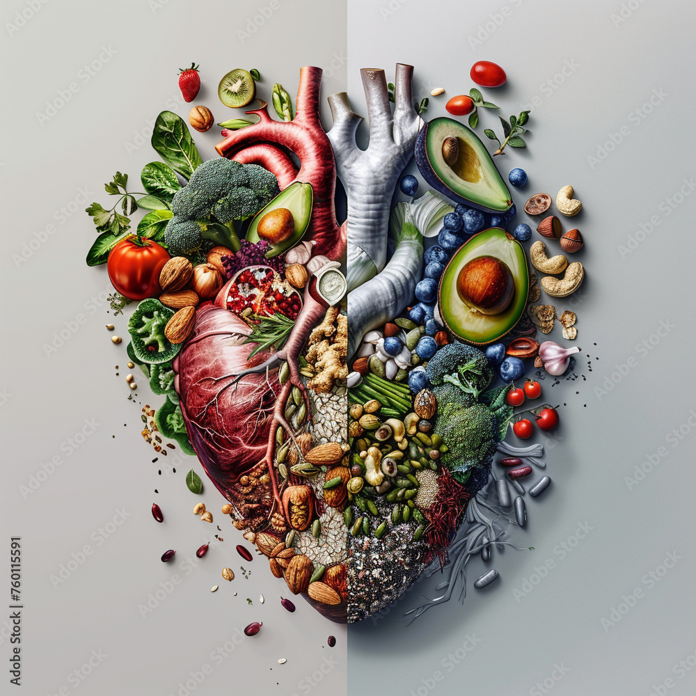 A photorealistic image depicting a human heart divided into two halves.