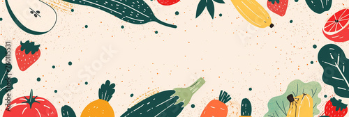 vegetables and fruit background with text, line, flat, vector--no realistic photo details