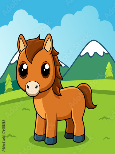 A cute horse stands in a picturesque landscape  surrounded by lush greenery and a tranquil pond.