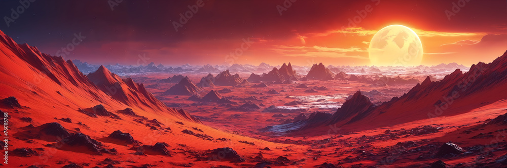 A desert landscape with a large, bright planet peeking through the clouds in the background. A desert landscape with a large, bright planet peeking through the clouds in the background.