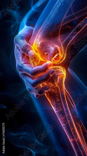 Medical visualization of a human knee joint glowing with heat to indicate pain or inflammation, highlighting orthopedic health and anatomical studies