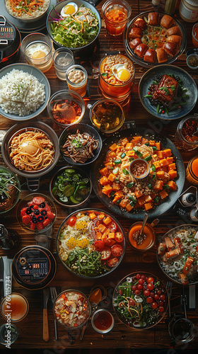 a table of food but instead of food there are wires and cyberpunk robot and droid parts and food in lates and bowls, lot of technology and computer chips, a table of technology for food