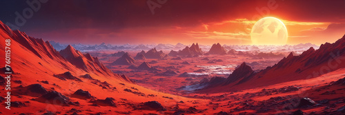 A desert landscape with a large, bright planet peeking through the clouds in the background.