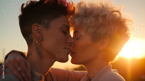 Two women kissing each other in the sun