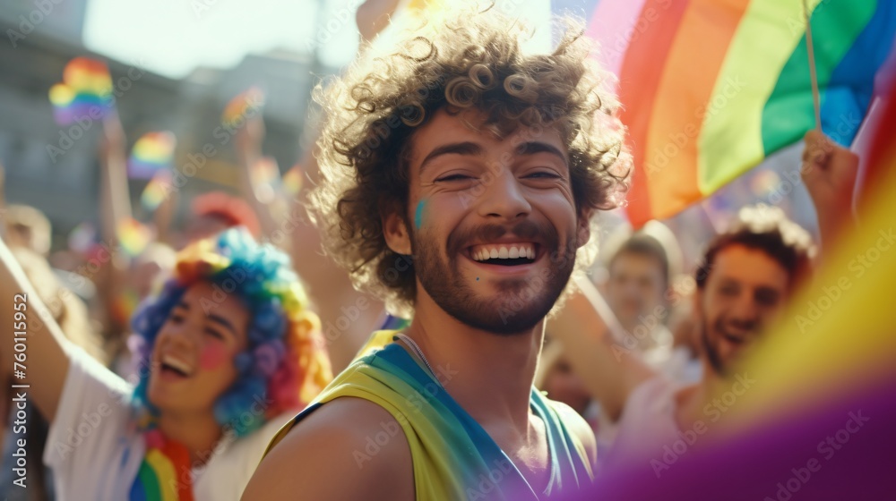 A young man with curly hair and a beard smiling in the crowd of a pride parade A young man with curly hair and a beard smiling in the crowd of a pride parade