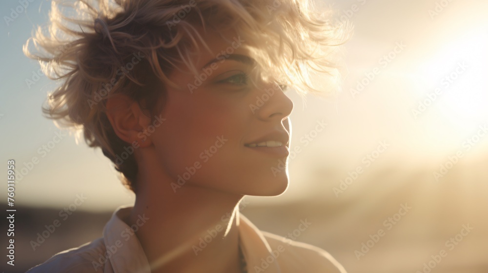 A woman with blonde hair and a smile is standing in the sun - obrazy, fototapety, plakaty 