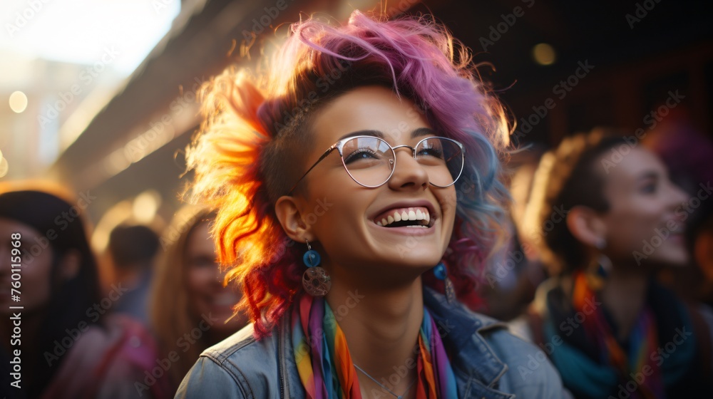 A vibrant and colorful photo of a happy young woman with multicolored hair