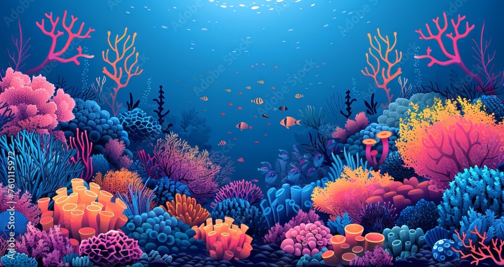 Colorful underwater coral landscape. Vibrant coral reef in ocean waters. Artwork. Concept of marine life, underwater biodiversity, tropical ecosystem, and natural aquarium. Digital illustration. Art