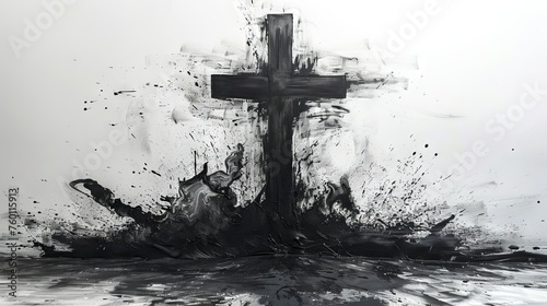 Charcoal sketch of bold black cross in abstract expressionism style. Concept of faith, Christianity, religious, Easter celebration, ash Wednesday, resurrection, cremation, funeral, liturgy. Art photo