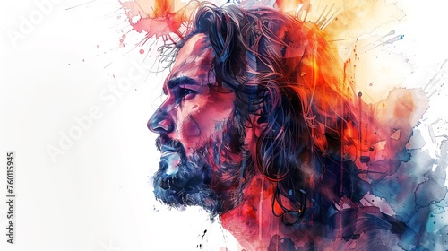 Watercolor illustration of Jesus Christ. A man with a beard. White background. Savior. Concept of faith, spirituality, Easter, divinity, Christian beliefs, resurrection, religious. Copy space