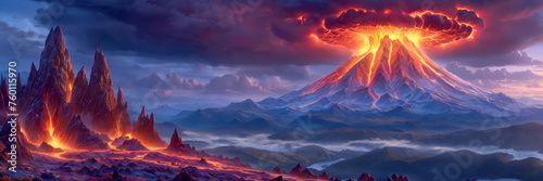 A dramatic scene of a volcano with a mushroom-shaped cloud of ash and fire shooting out of it. The volcano is surrounded by a beautiful landscape  which includes a mountain range in the background.