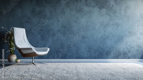 Modern empty lounge with textured blue wall and shag rug. Stylish armchair in a contemporary room. Concept of urban living, interior design, and elegant furnishing. Mockup. Copy space photo