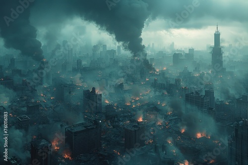 A city in ruins, with smoke and fire billowing from the buildings. The sky is dark and cloudy, creating an ominous atmosphere. photo