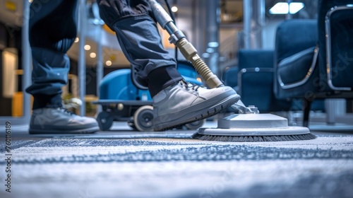 Professional cleaning crew vacuuming an office carpet. Detailed rug cleaning in a corporate setting. Concept of professional cleaning services, commercial maintenance, and workplace hygiene. photo