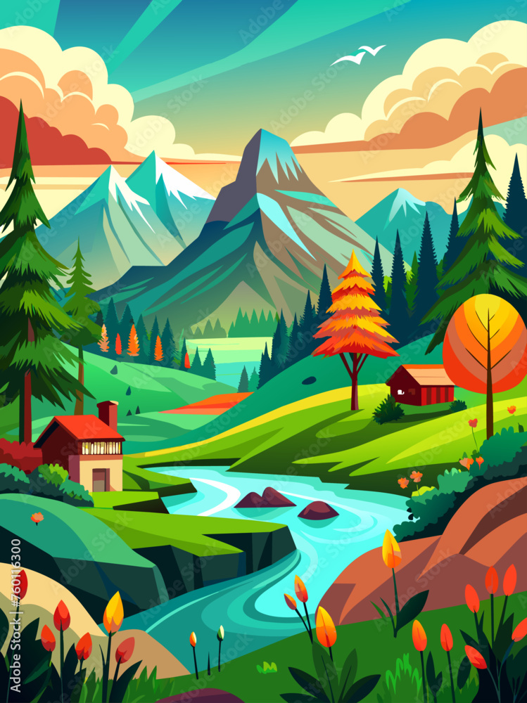 A stunning vector landscape background featuring rolling hills, vibrant greenery, and a peaceful river.