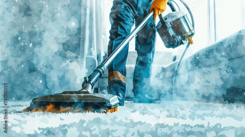 Watercolor image of a professional cleaning service worker cleaning the carpet with a compact vacuum. Household cleaning art. Concept of professional cleaning service, housekeeping, janitorial staff photo