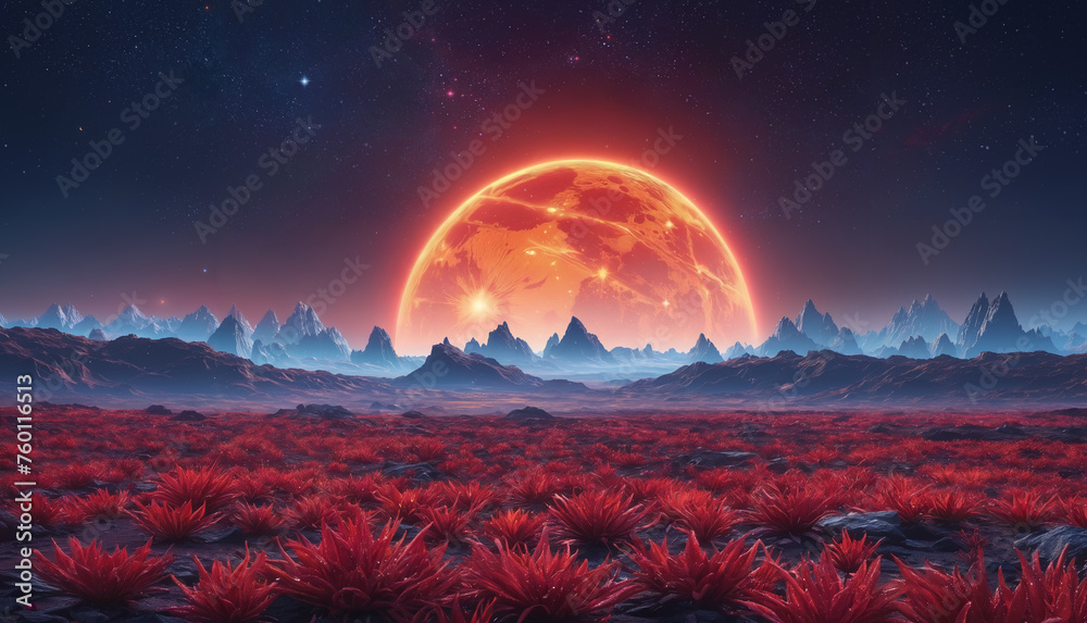 A beautiful otherworldly landscape with a giant moon in the sky, surrounded by a field of red grass. The red color contrast against the dark background, creating a visually striking and unique scene.