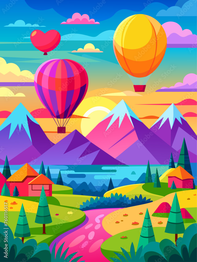 A vibrant hot air balloon glides majestically through a picturesque landscape of rolling hills and clear skies.