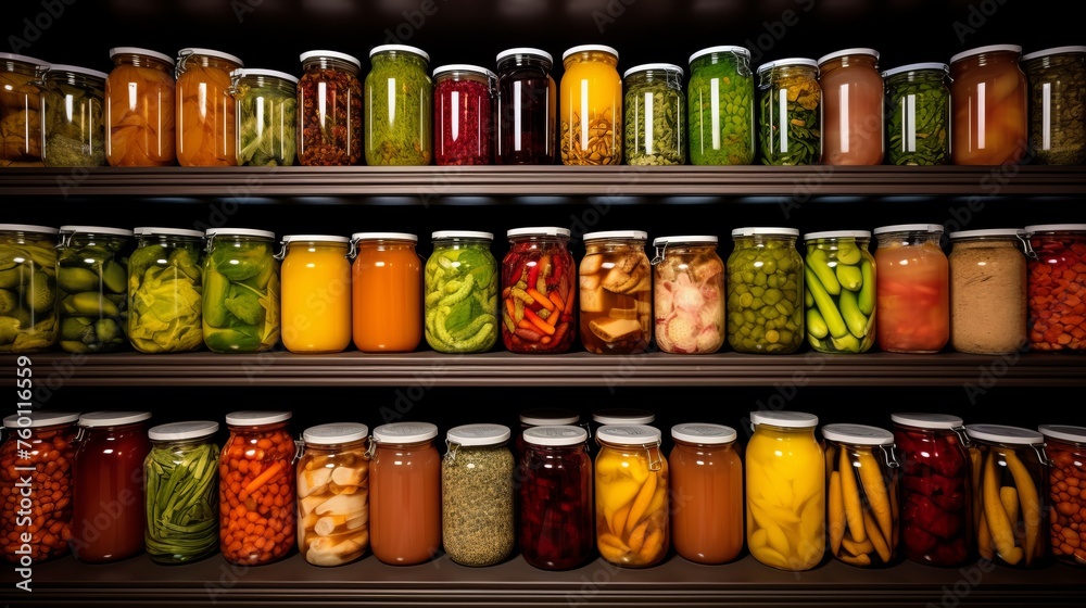An array of different colored canned goods neatly organized on dark wooden shelves, creating a visually appealing pattern - obrazy, fototapety, plakaty 