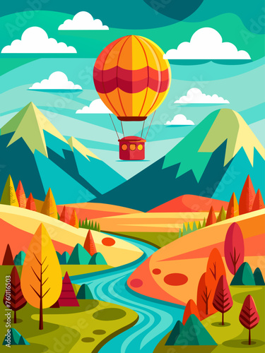 Vector landscape background with a hot air balloon flying over a field of flowers and trees.