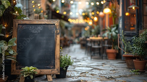 Wooden blackboard sign mockup in front of an outdoor cafe or restaurant with plants and lights. Black board for menu or advertising on the street photo