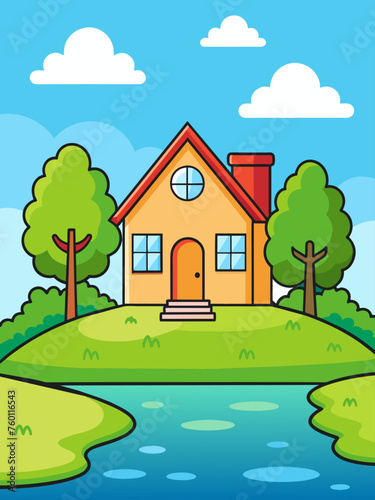 A serene landscape with a quaint house perched amidst tranquil waters, surrounded by a lush, verdant backdrop.