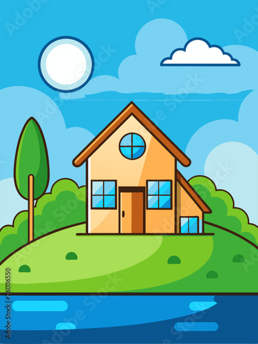 A serene landscape with a quaint house perched amidst tranquil waters, surrounded by a lush, verdant backdrop.