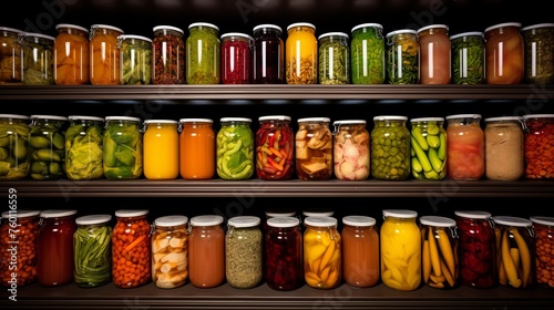 An array of different colored canned goods neatly organized on dark wooden shelves, creating a visually appealing pattern