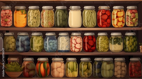 Artistically drawn jars filled with various preserved fruits and vegetables on rustic wooden shelves photo
