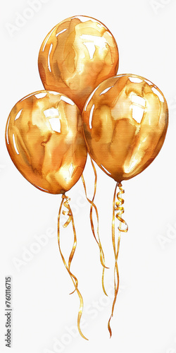 three gold foil birthday balloons. cartoon pencil drawing style